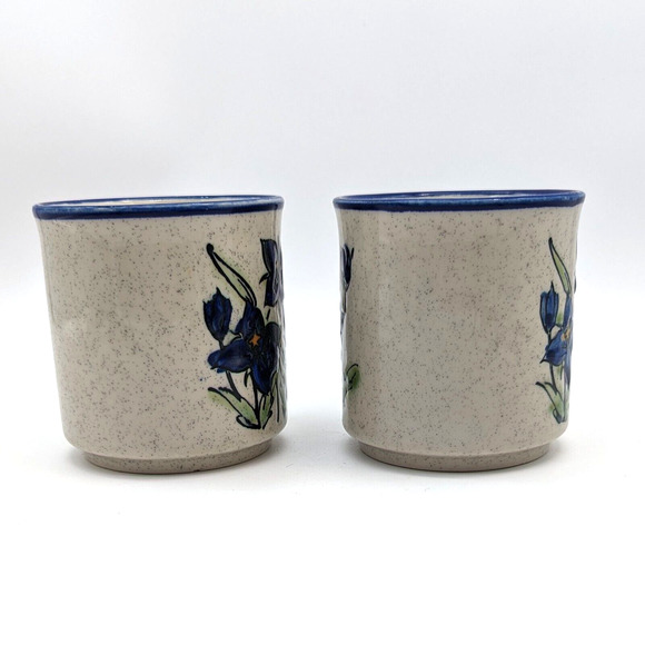 60s Stoneware Blue Flower Mugs Pair Speckled w/ Blue Trim Vintage Japan Otagiri? - Picture 7 of 11